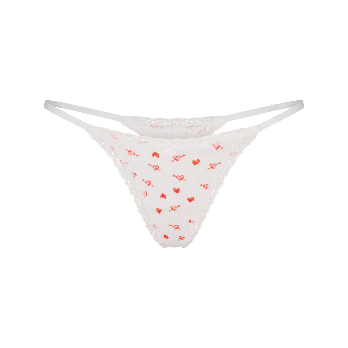 LIGHTWEIGHT COTTON POINTELLE LACE STRING THONG | SNOW ARROWED HEARTS FLAT ON A WHITE BACKGROUND | FLT