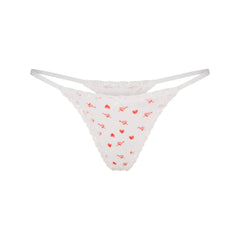 LIGHTWEIGHT COTTON POINTELLE LACE STRING THONG | SNOW ARROWED HEARTS FLAT ON A WHITE BACKGROUND | FLT