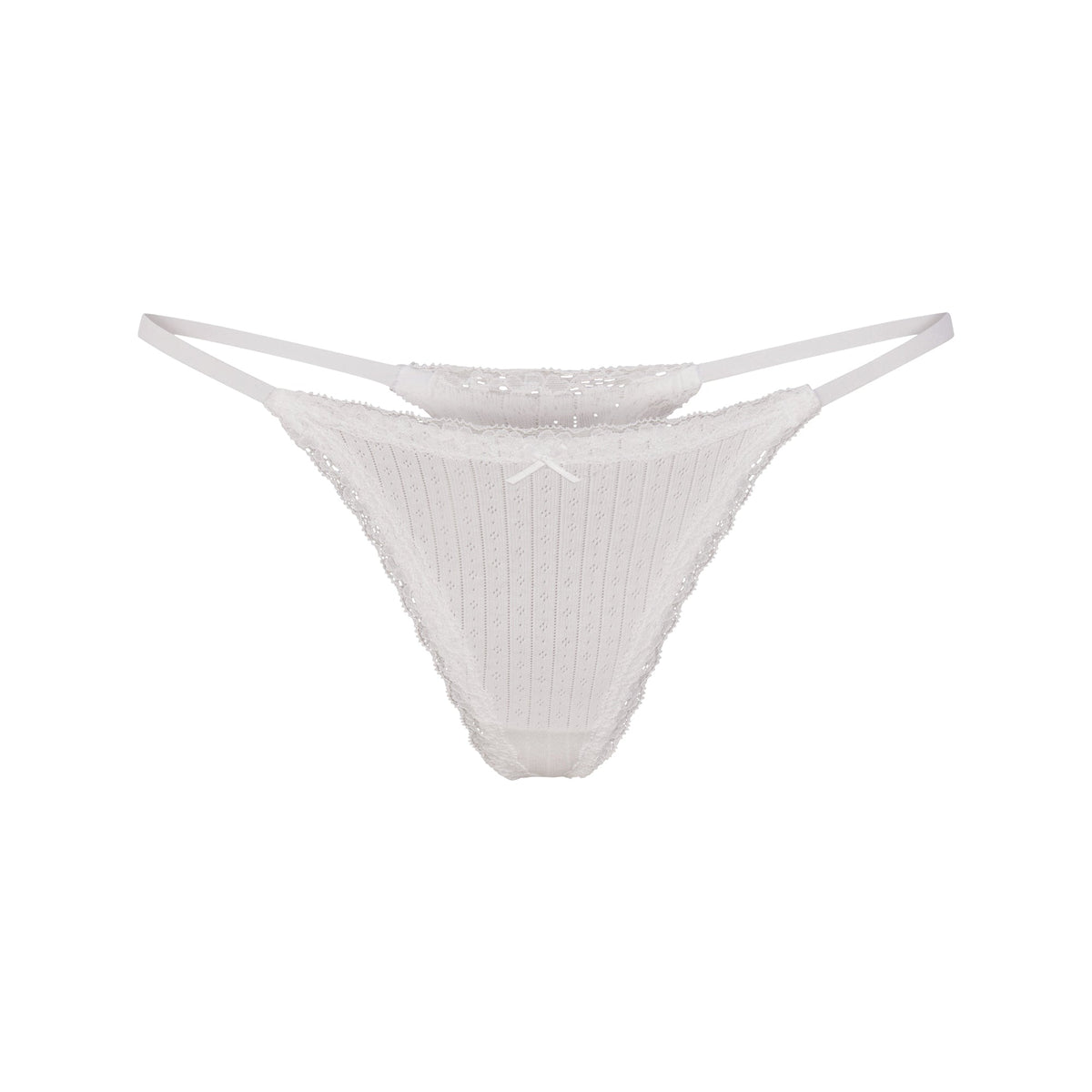 LIGHTWEIGHT COTTON POINTELLE LACE STRING THONG | SNOW FLAT ON A WHITE BACKGROUND | FLT