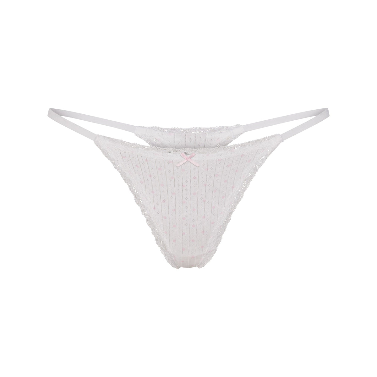LIGHTWEIGHT COTTON POINTELLE LACE STRING THONG | SNOW PEONY PIN DOT FLAT ON A WHITE BACKGROUND | FLT