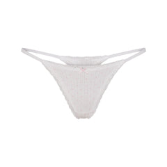 LIGHTWEIGHT COTTON POINTELLE LACE STRING THONG | SNOW PEONY PIN DOT FLAT ON A WHITE BACKGROUND | FLT