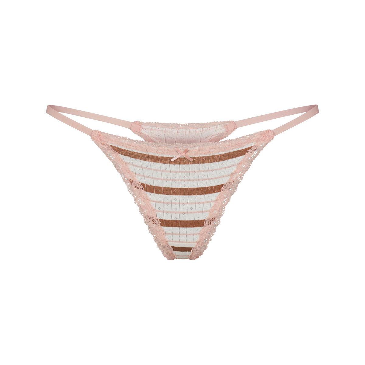 LIGHTWEIGHT COTTON POINTELLE LACE STRING THONG | VILLA EGRET RUNWAY STRIPE ON A MODEL | FLT