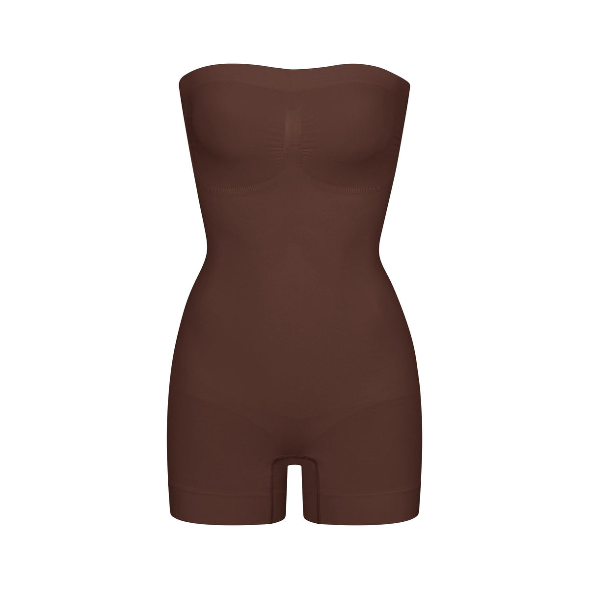 SEAMLESS SCULPT STRAPLESS SHORTIE BODYSUIT | COCOA (ONESIES, BODYSUITS) LAYS FLAT ON A WHITE BACKGROUND | FLT