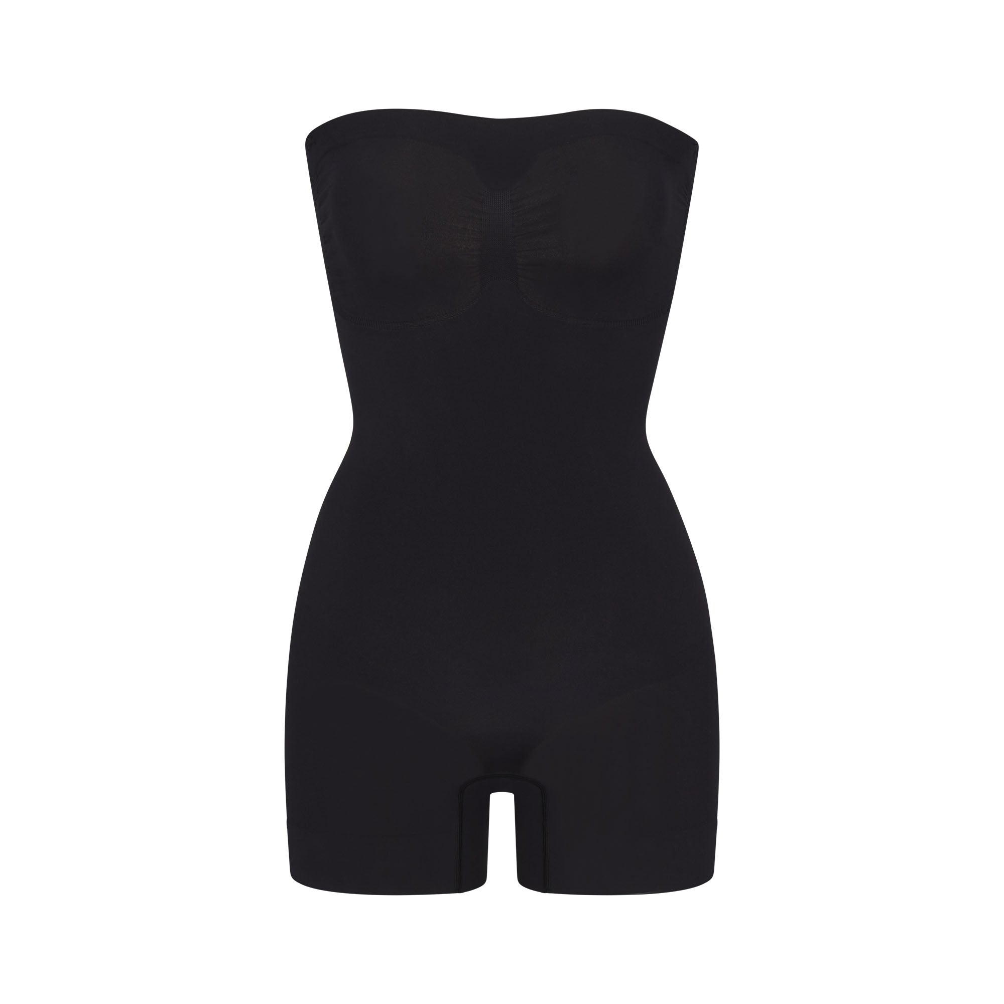 SEAMLESS SCULPT STRAPLESS SHORTIE BODYSUIT | ONYX (ONESIES, BODYSUITS) LAYS FLAT ON A WHITE BACKGROUND | FLT