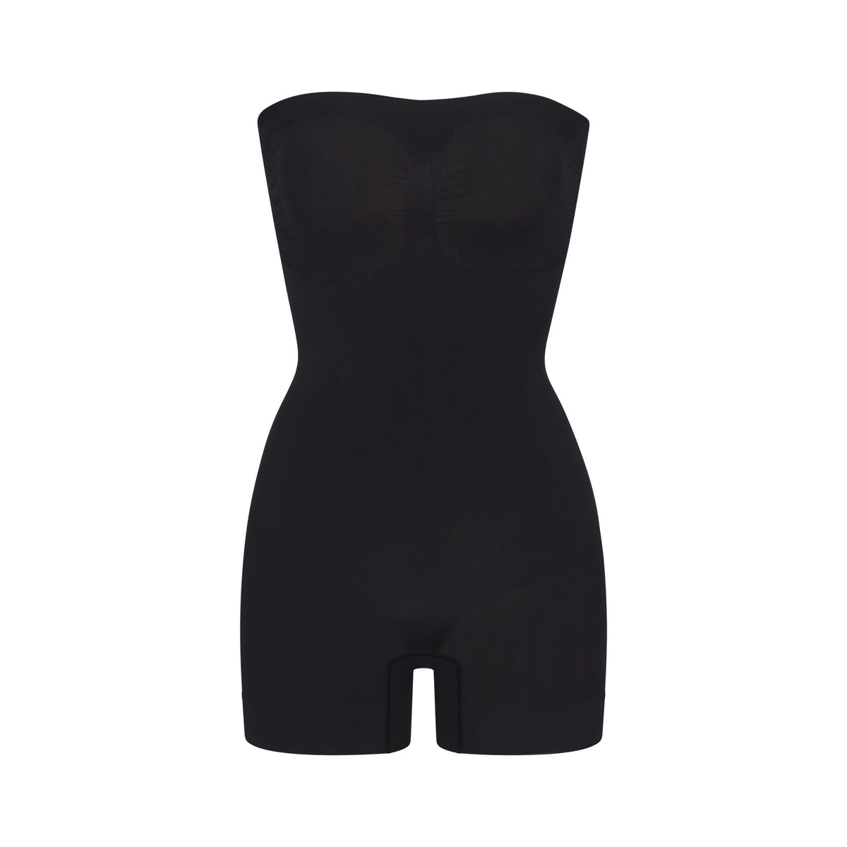 SEAMLESS SCULPT STRAPLESS SHORTIE BODYSUIT | ONYX (ONESIES, BODYSUITS) LAYS FLAT ON A WHITE BACKGROUND | FLT