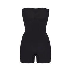 SEAMLESS SCULPT STRAPLESS SHORTIE BODYSUIT | ONYX (ONESIES, BODYSUITS) LAYS FLAT ON A WHITE BACKGROUND | FLT
