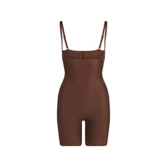 SKIMS BODY CORE SCULPT OPEN BUST MID THIGH BODYSUIT | COCOA FLAT ON A WHITE BACKGROUND | FLT