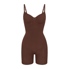 SEAMLESS SCULPT MID THIGH BODYSUIT | COCOA (ONESIES, BODYSUITS) LAYS FLAT ON A WHITE BACKGROUND | FLT