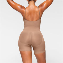 SEAMLESS SCULPT MID THIGH BODYSUIT ON A MODEL BACK VIEW
