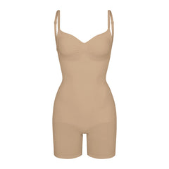SEAMLESS SCULPT LOW BACK MID THIGH BODYSUIT | CLAY (LOW BACK SHAPEWEAR, BODYSUITS) LAYS FLAT ON A WHITE BACKGROUND | FLT