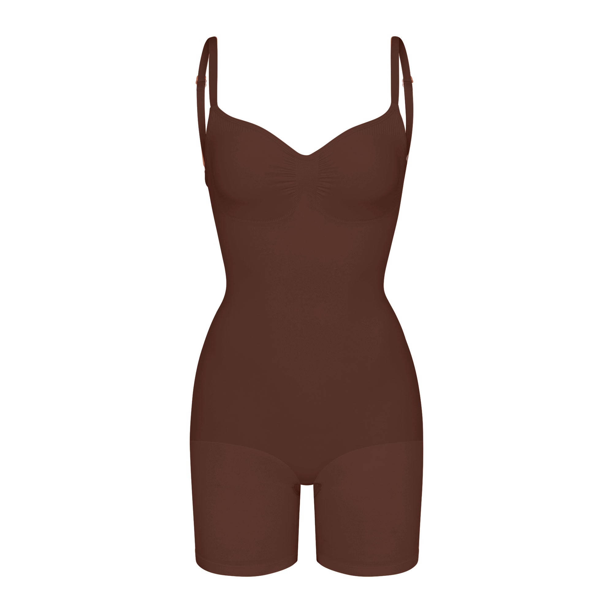 SEAMLESS SCULPT LOW BACK MID THIGH BODYSUIT | COCOA (LOW BACK SHAPEWEAR, BODYSUITS) LAYS FLAT ON A WHITE BACKGROUND | FLT