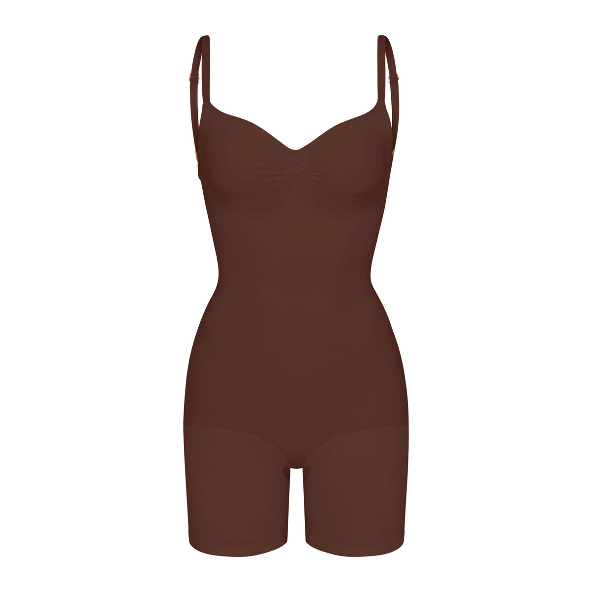 SEAMLESS SCULPT LOW BACK MID THIGH BODYSUIT | COCOA (LOW BACK SHAPEWEAR, BODYSUITS) LAYS FLAT ON A WHITE BACKGROUND | FLT