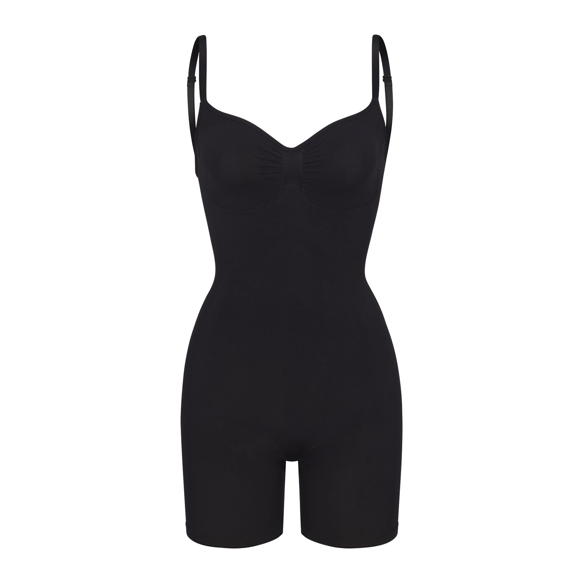 SEAMLESS SCULPT LOW BACK MID THIGH BODYSUIT | ONYX (LOW BACK SHAPEWEAR, BODYSUITS) LAYS FLAT ON A WHITE BACKGROUND | FLT