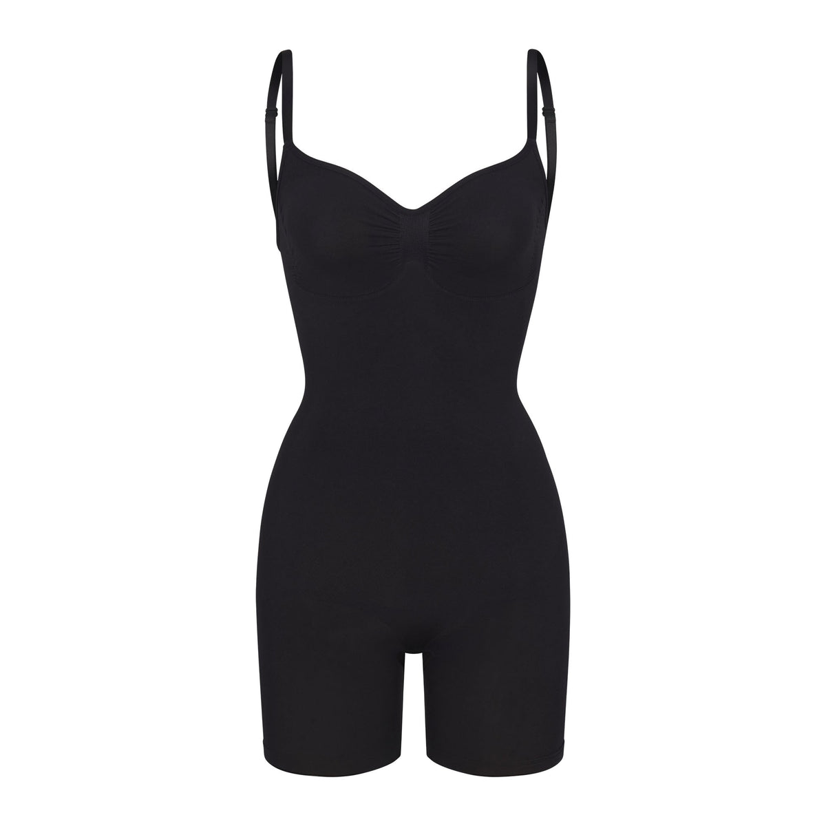 SEAMLESS SCULPT LOW BACK MID THIGH BODYSUIT | ONYX (LOW BACK SHAPEWEAR, BODYSUITS) LAYS FLAT ON A WHITE BACKGROUND | FLT
