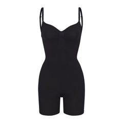 SEAMLESS SCULPT LOW BACK MID THIGH BODYSUIT | ONYX (LOW BACK SHAPEWEAR, BODYSUITS) LAYS FLAT ON A WHITE BACKGROUND | FLT