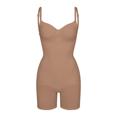 SEAMLESS SCULPT LOW BACK MID THIGH BODYSUIT | SIENNA (LOW BACK SHAPEWEAR, BODYSUITS) LAYS FLAT ON A WHITE BACKGROUND | FLT