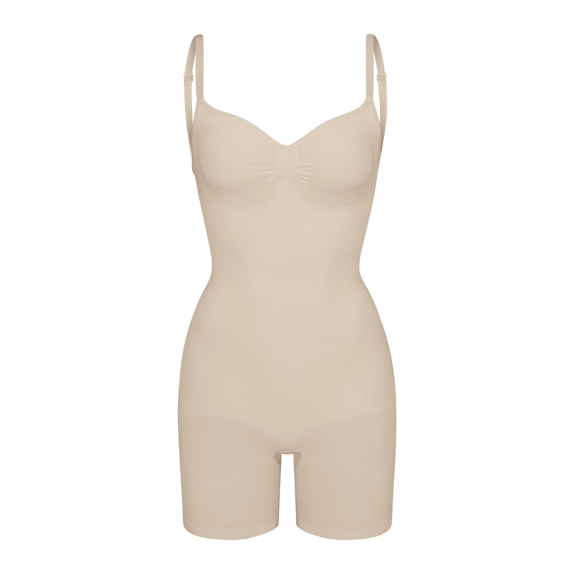 SEAMLESS SCULPT LOW BACK MID THIGH BODYSUIT | SAND (LOW BACK SHAPEWEAR, BODYSUITS) LAYS FLAT ON A WHITE BACKGROUND | FLT