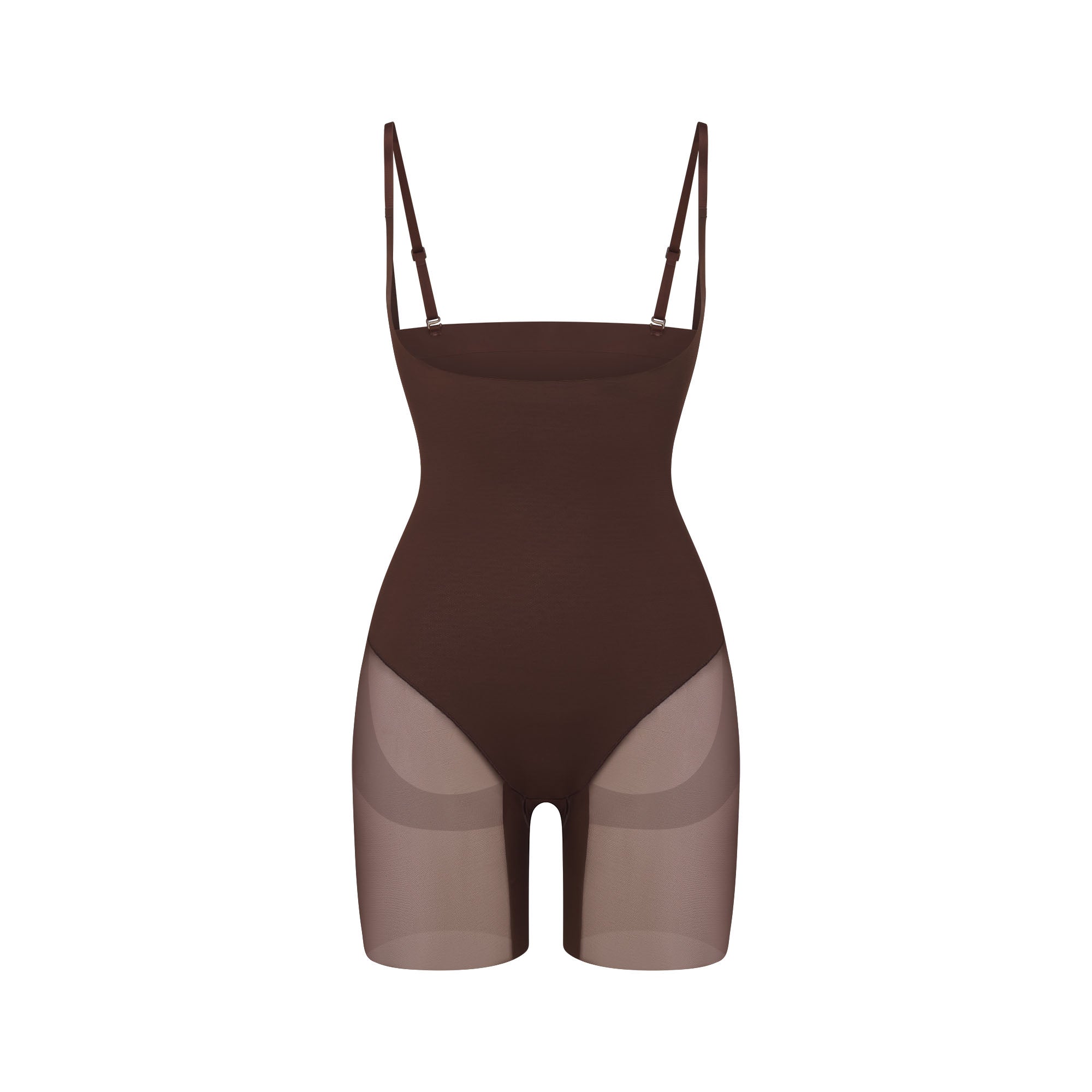 POWER MESH SHAPEWEAR CORE SCULPT OPEN BUST MID THIGH BODYSUIT | COCOA FLAT ON A WHITE BACKGROUND | FLT