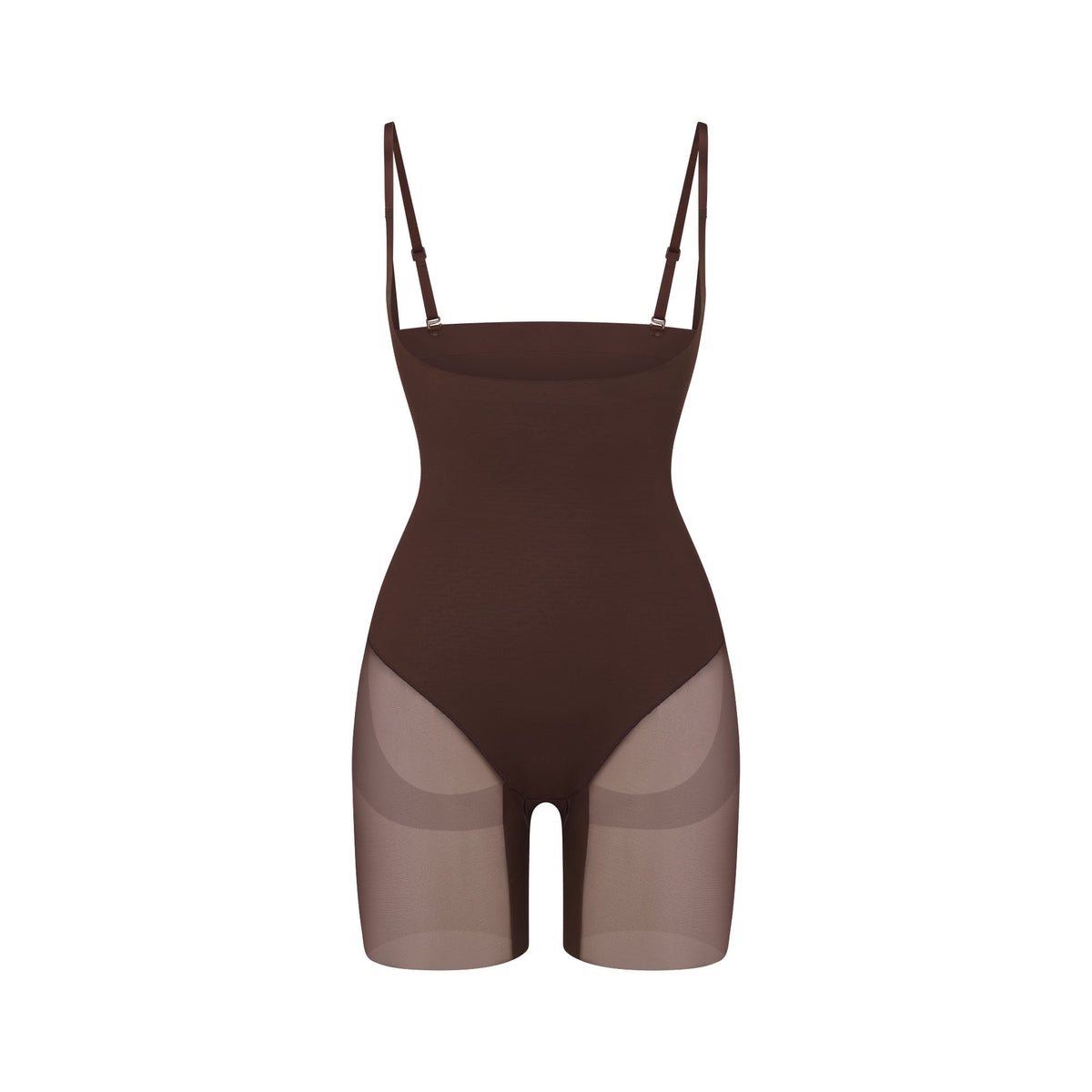 POWER MESH SHAPEWEAR CORE SCULPT OPEN BUST MID THIGH BODYSUIT | COCOA FLAT ON A WHITE BACKGROUND | FLT