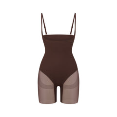 POWER MESH SHAPEWEAR CORE SCULPT OPEN BUST MID THIGH BODYSUIT | COCOA FLAT ON A WHITE BACKGROUND | FLT