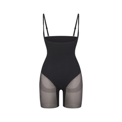 POWER MESH SHAPEWEAR CORE SCULPT OPEN BUST MID THIGH BODYSUIT | ONYX FLAT ON A WHITE BACKGROUND | FLT