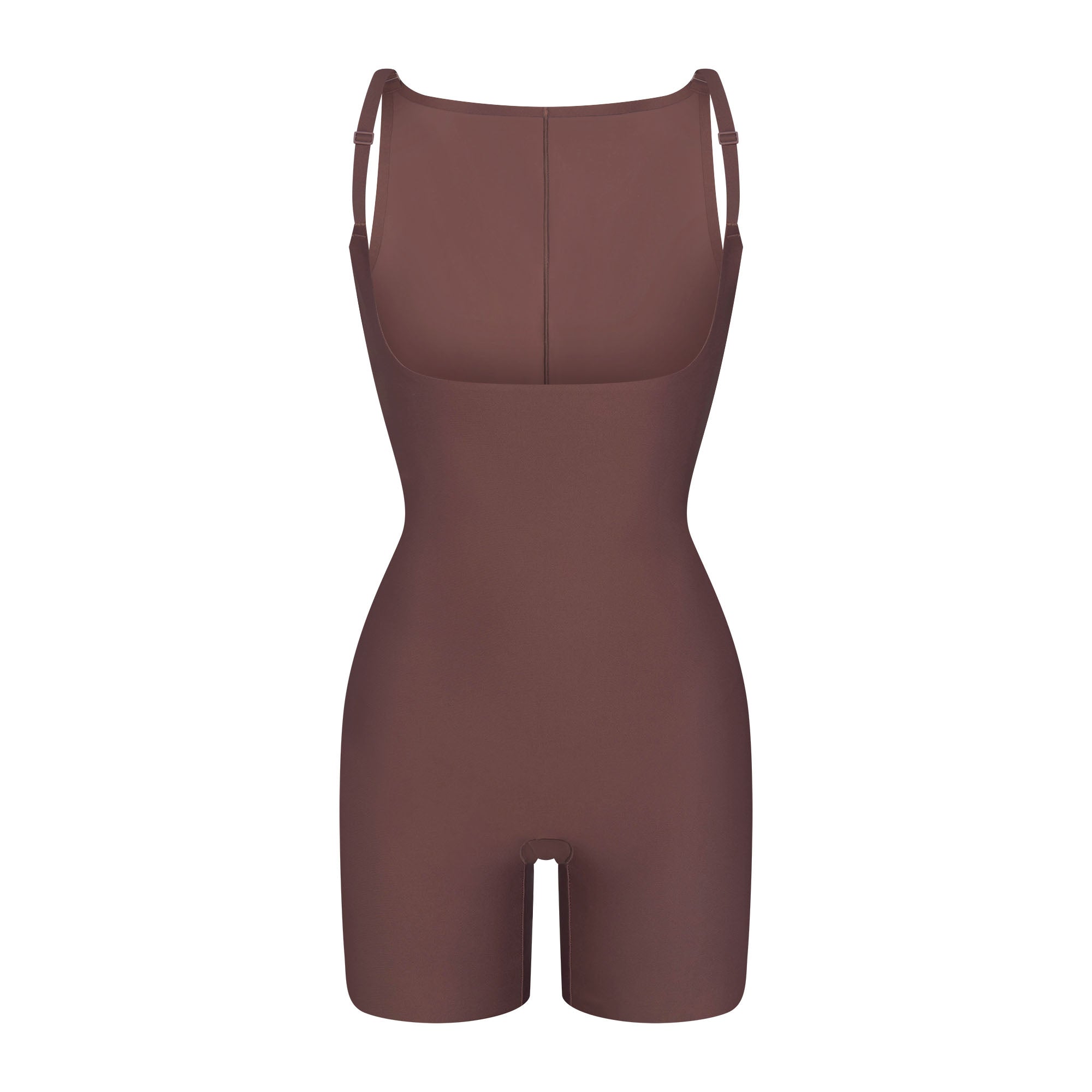 SKIMS BODY CORE SCULPT BACK SMOOTHING OPEN BUST MID THIGH BODYSUIT | COCOA FLAT ON A WHITE BACKGROUND | FLT