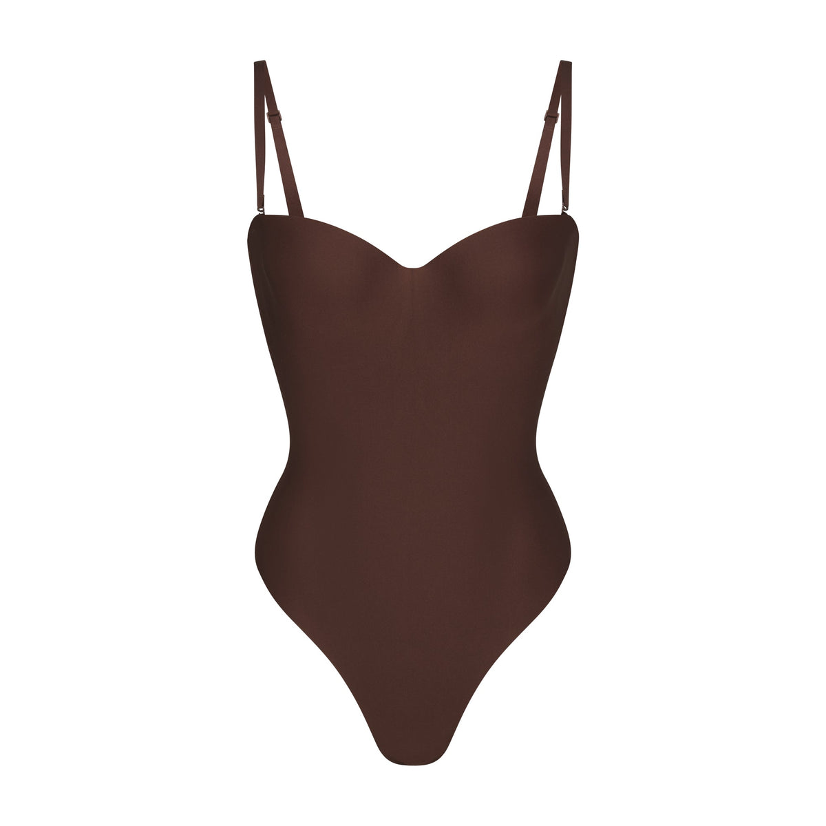 SKIMS BODY UNDERWIRE THONG BODYSUIT | COCOA (SHAPEWEAR BODYSUITS, SHAPEWEAR) LAYS FLAT ON A WHITE BACKGROUND | FLT