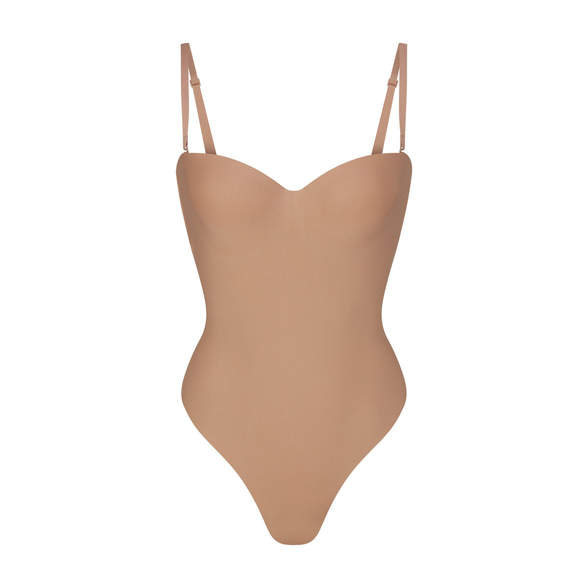 SKIMS BODY UNDERWIRE THONG BODYSUIT | SIENNA (SHAPEWEAR BODYSUITS, SHAPEWEAR) LAYS FLAT ON A WHITE BACKGROUND | FLT