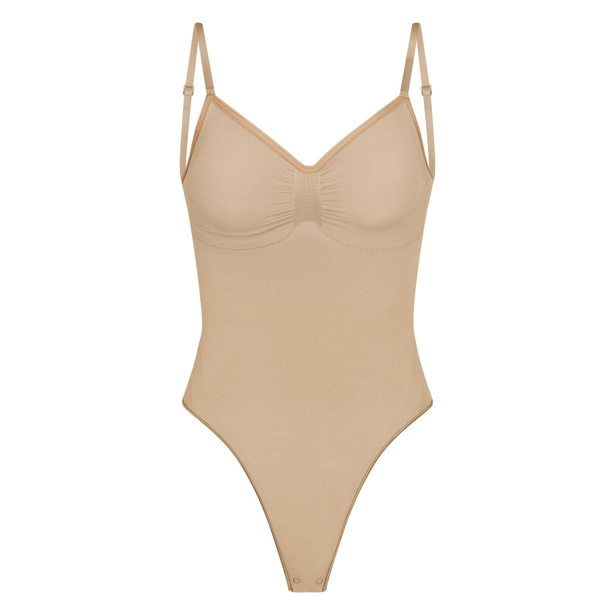 SEAMLESS SCULPT LOW BACK THONG BODYSUIT | CLAY (LOW BACK SHAPEWEAR, BODYSUITS) LAYS FLAT ON A WHITE BACKGROUND | FLT