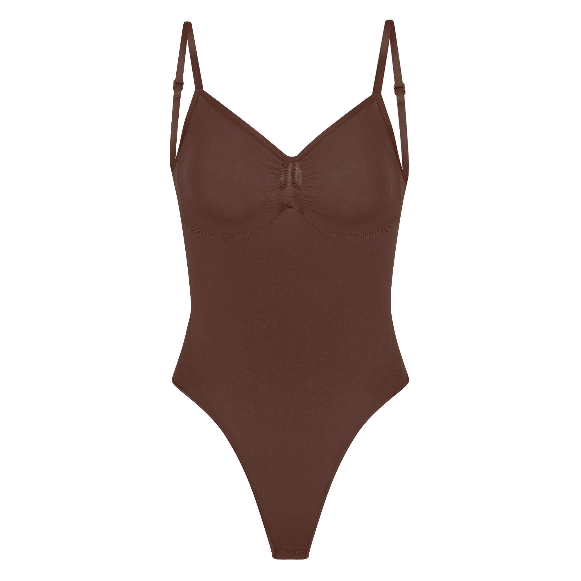 SEAMLESS SCULPT LOW BACK THONG BODYSUIT | COCOA (LOW BACK SHAPEWEAR, BODYSUITS) LAYS FLAT ON A WHITE BACKGROUND | FLT
