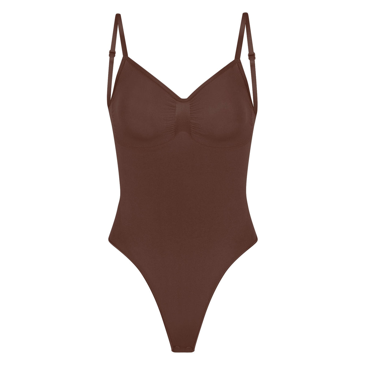 SEAMLESS SCULPT LOW BACK THONG BODYSUIT | COCOA (LOW BACK SHAPEWEAR, BODYSUITS) LAYS FLAT ON A WHITE BACKGROUND | FLT