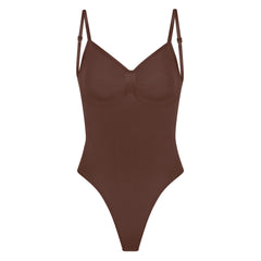 SEAMLESS SCULPT LOW BACK THONG BODYSUIT | COCOA (LOW BACK SHAPEWEAR, BODYSUITS) LAYS FLAT ON A WHITE BACKGROUND | FLT
