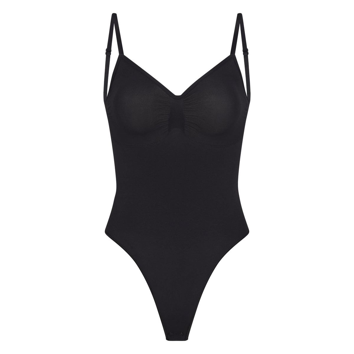 SEAMLESS SCULPT LOW BACK THONG BODYSUIT | ONYX (LOW BACK SHAPEWEAR, BODYSUITS) LAYS FLAT ON A WHITE BACKGROUND | FLT