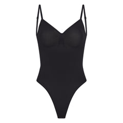 SEAMLESS SCULPT LOW BACK THONG BODYSUIT | ONYX (LOW BACK SHAPEWEAR, BODYSUITS) LAYS FLAT ON A WHITE BACKGROUND | FLT