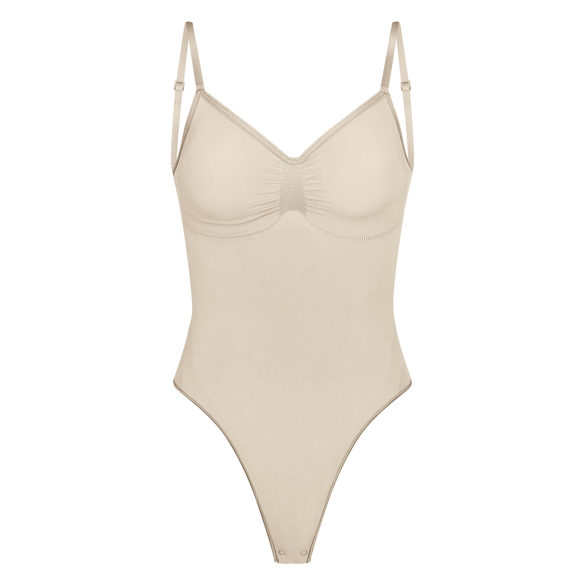 SEAMLESS SCULPT LOW BACK THONG BODYSUIT | SAND (LOW BACK SHAPEWEAR, BODYSUITS) LAYS FLAT ON A WHITE BACKGROUND | FLT