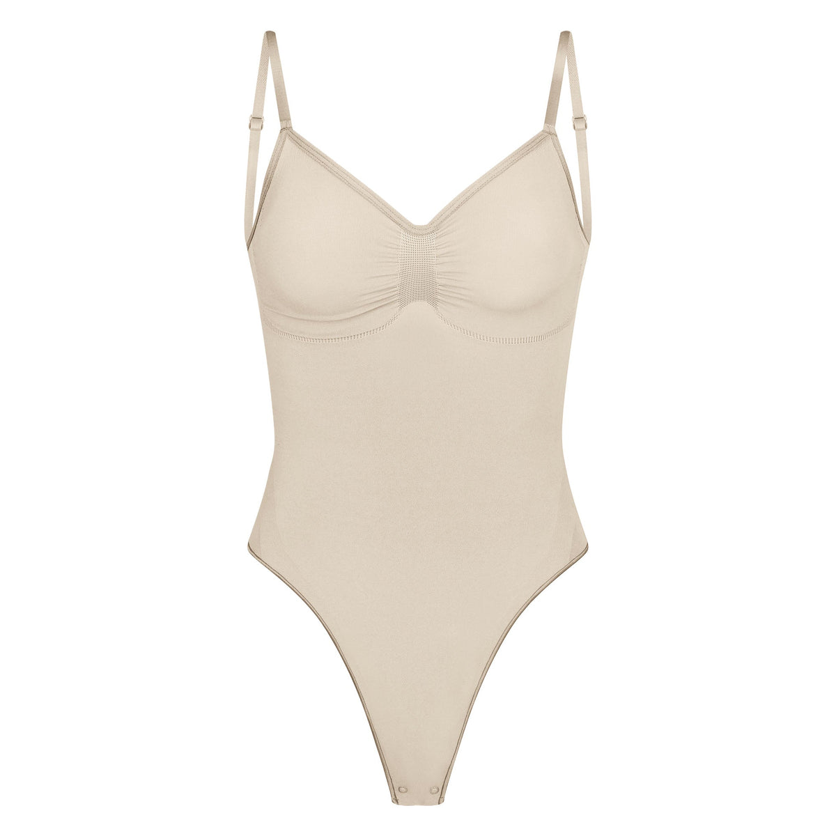 SEAMLESS SCULPT LOW BACK THONG BODYSUIT | SAND (LOW BACK SHAPEWEAR, BODYSUITS) LAYS FLAT ON A WHITE BACKGROUND | FLT