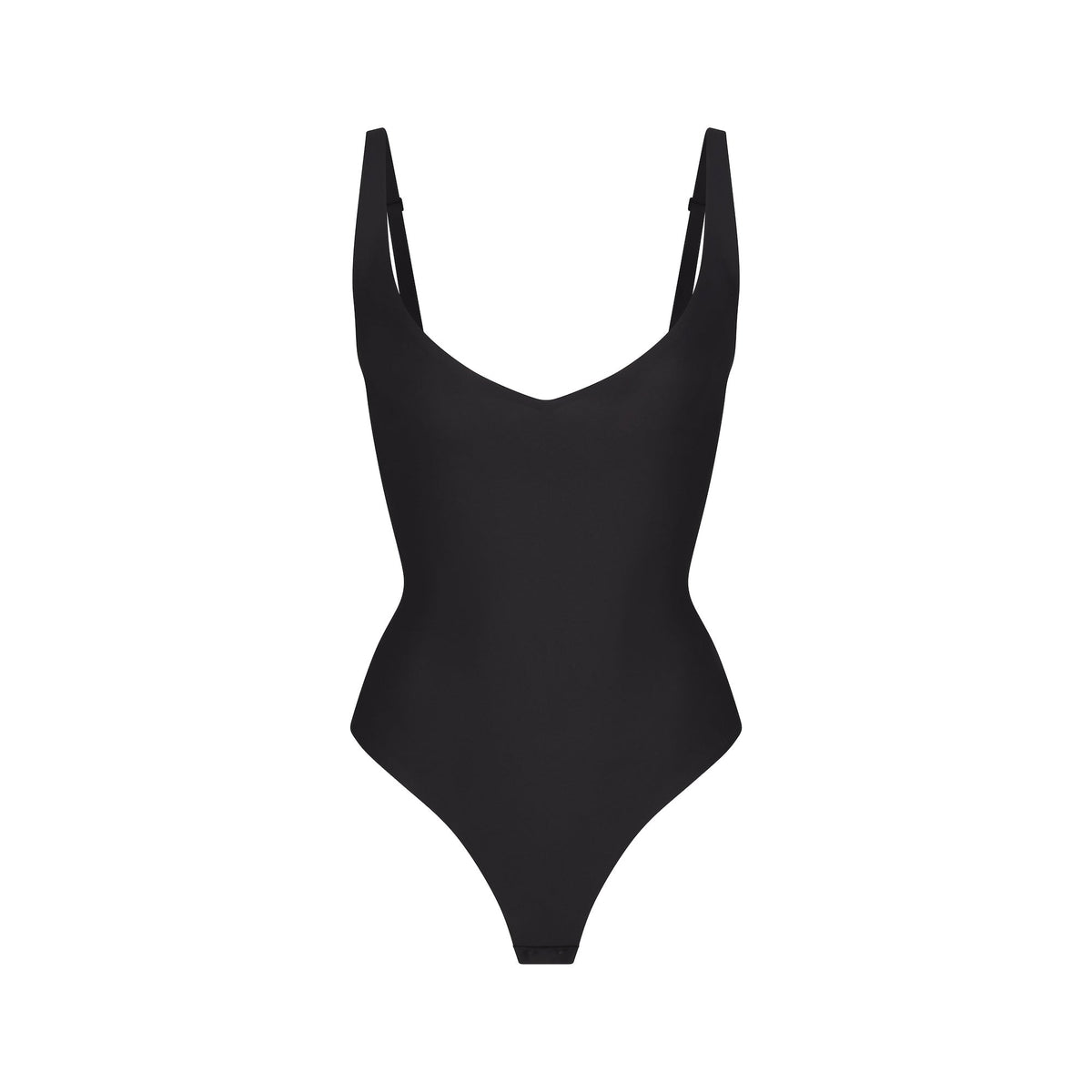SKIMS BODY CORE SCULPT PLUNGE THONG BODYSUIT | ONYX (SHAPEWEAR BODYSUITS) FLAT ON A WHITE BACKGROUND | FLT