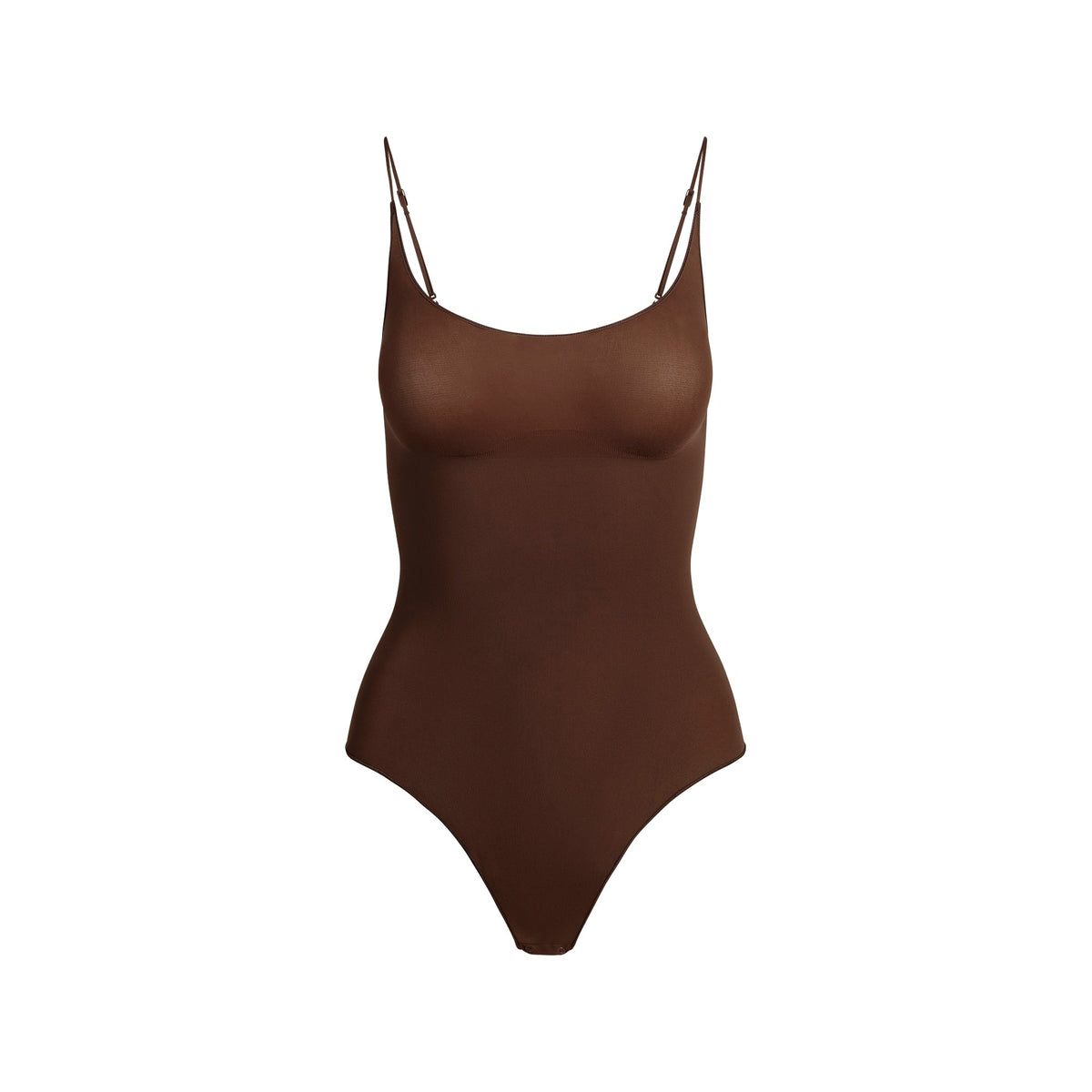 SHEER SEAMLESS THONG BODYSUIT | COCOA FLAT ON A WHITE BACKGROUND | FLT