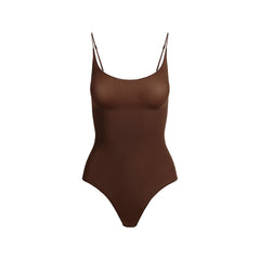 SHEER SEAMLESS THONG BODYSUIT | COCOA FLAT ON A WHITE BACKGROUND | FLT