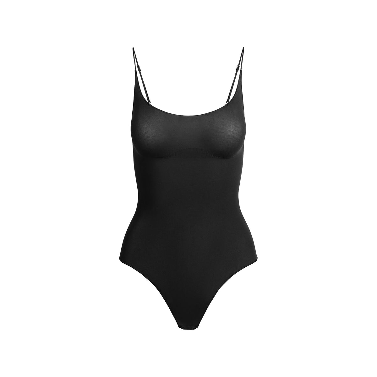 SHEER SEAMLESS THONG BODYSUIT | ONYX FLAT ON A WHITE BACKGROUND | FLT