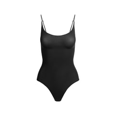 SHEER SEAMLESS THONG BODYSUIT | ONYX FLAT ON A WHITE BACKGROUND | FLT