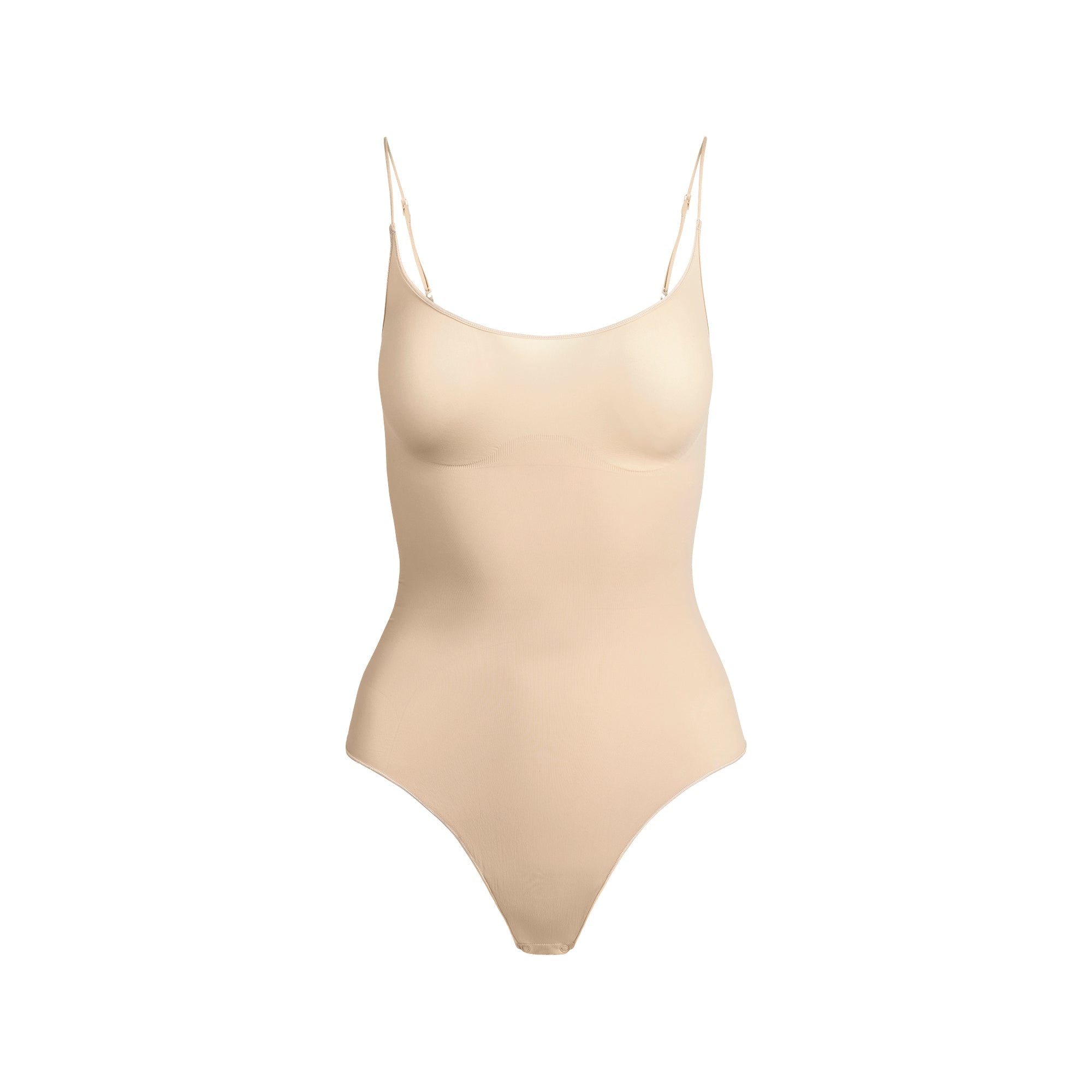 SHEER SEAMLESS THONG BODYSUIT | SAND FLAT ON A WHITE BACKGROUND | FLT