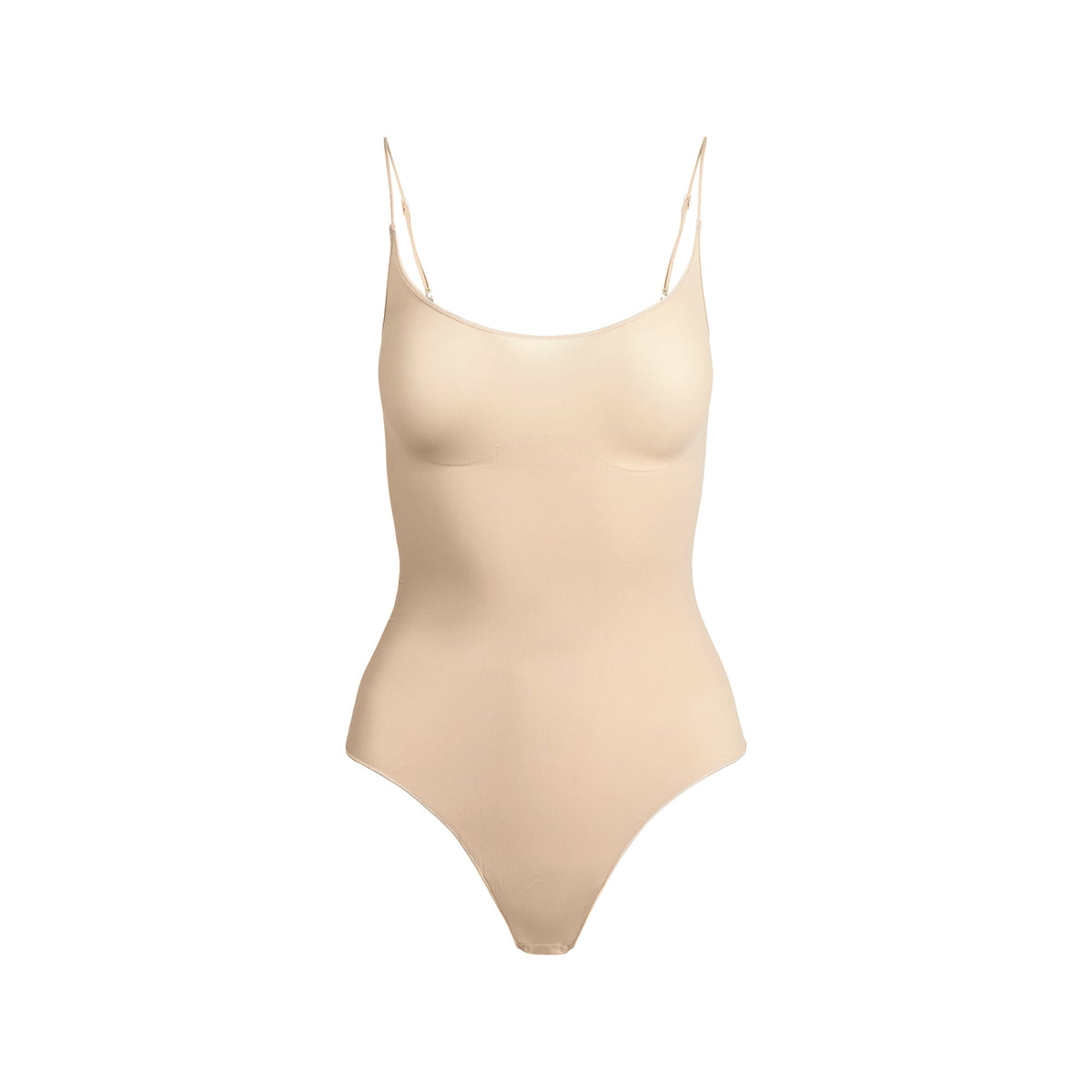 SHEER SEAMLESS THONG BODYSUIT | SAND FLAT ON A WHITE BACKGROUND | FLT