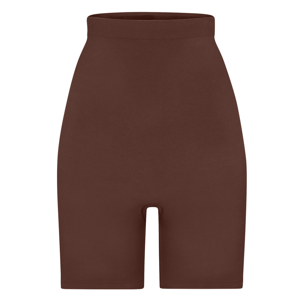 SEAMLESS SCULPT HIGH-WAISTED ABOVE THE KNEE SHORT | COCOA (SHAPEWEAR SHORTS, SHAPEWEAR) LAYS FLAT ON A WHITE BACKGROUND | FLT