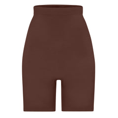 SEAMLESS SCULPT HIGH-WAISTED ABOVE THE KNEE SHORT | COCOA (SHAPEWEAR SHORTS, SHAPEWEAR) LAYS FLAT ON A WHITE BACKGROUND | FLT