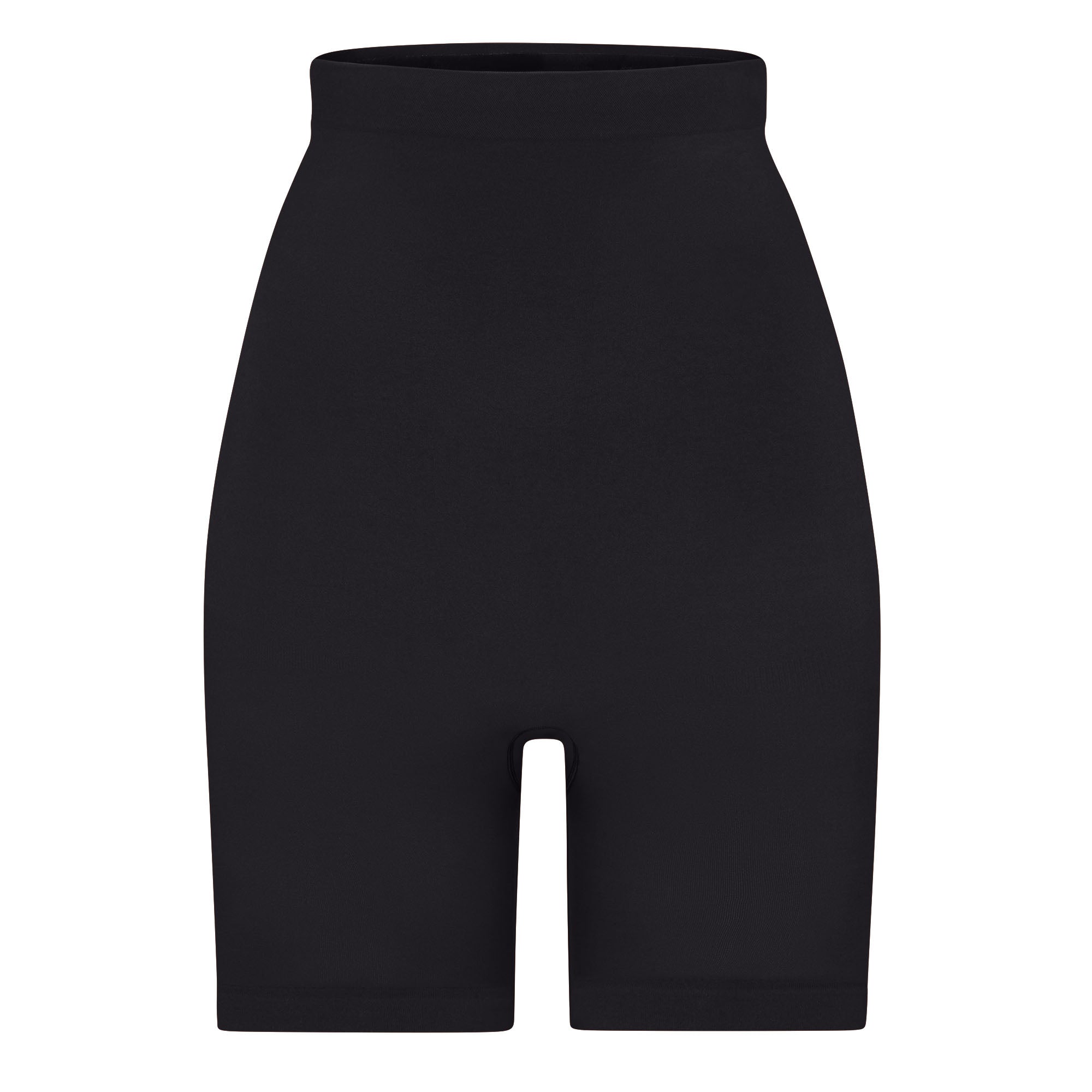 SEAMLESS SCULPT HIGH-WAISTED ABOVE THE KNEE SHORT | ONYX (SHAPEWEAR SHORTS, SHAPEWEAR) LAYS FLAT ON A WHITE BACKGROUND | FLT