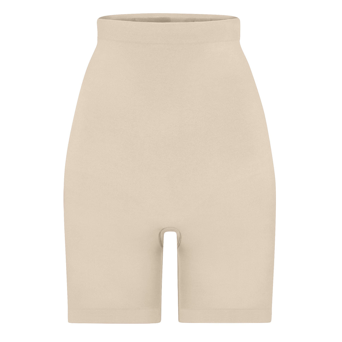 SEAMLESS SCULPT HIGH-WAISTED ABOVE THE KNEE SHORT | SAND (SHAPEWEAR SHORTS, SHAPEWEAR) LAYS FLAT ON A WHITE BACKGROUND | FLT