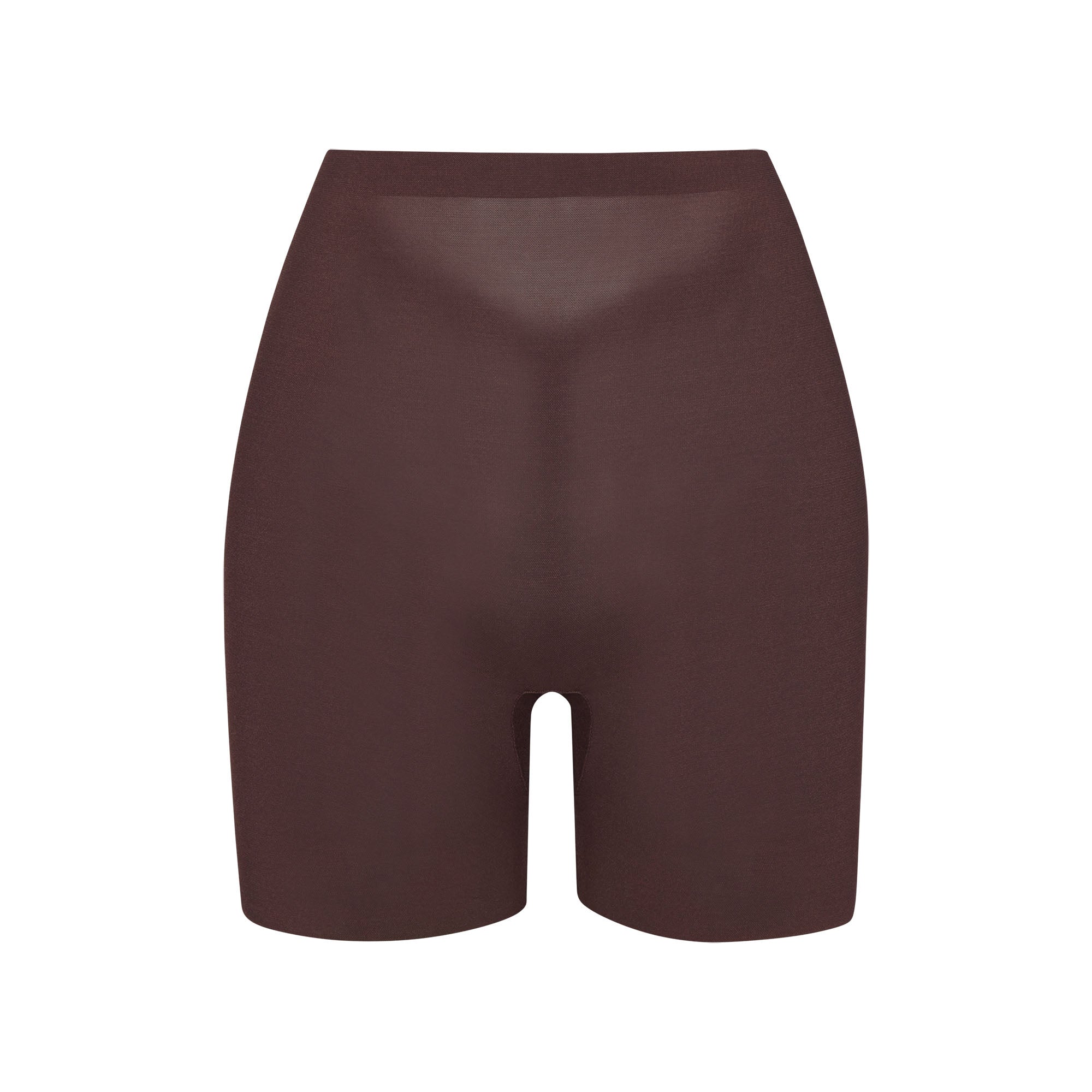 SHEER SCULPT LOW BACK SHORT | COCOA (LOW BACK SHAPEWEAR, SHAPEWEAR) LAYS FLAT ON A WHITE BACKGROUND | FLT