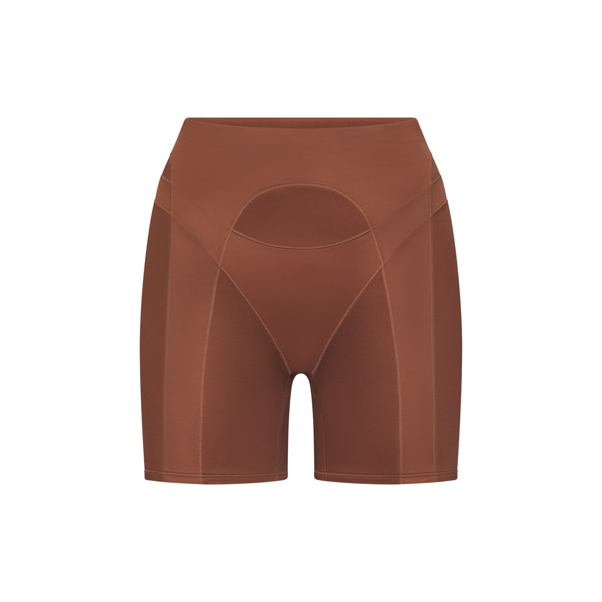 NikeSKIMS SATIN SHINE PANELED 5” BIKER SHORT | CAROB BROWN & LAYS FLAT ON A WHITE BACKGROUND | FLT