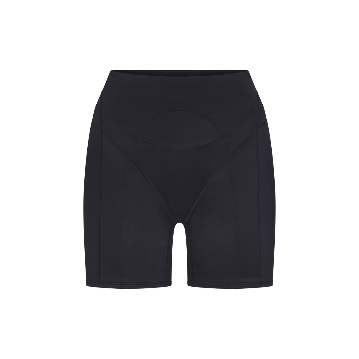 NikeSKIMS SATIN SHINE PANELED 5” BIKER SHORT | OBSIDIAN & LAYS FLAT ON A WHITE BACKGROUND | FLT